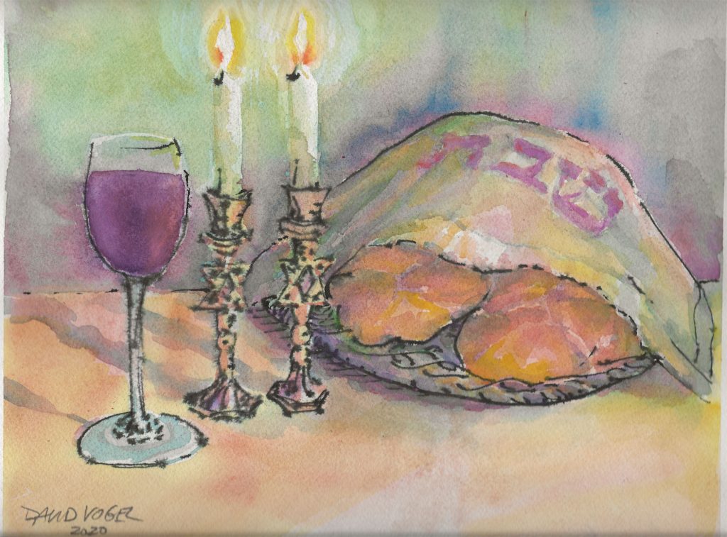Wine, Shabbat candles, challah bread